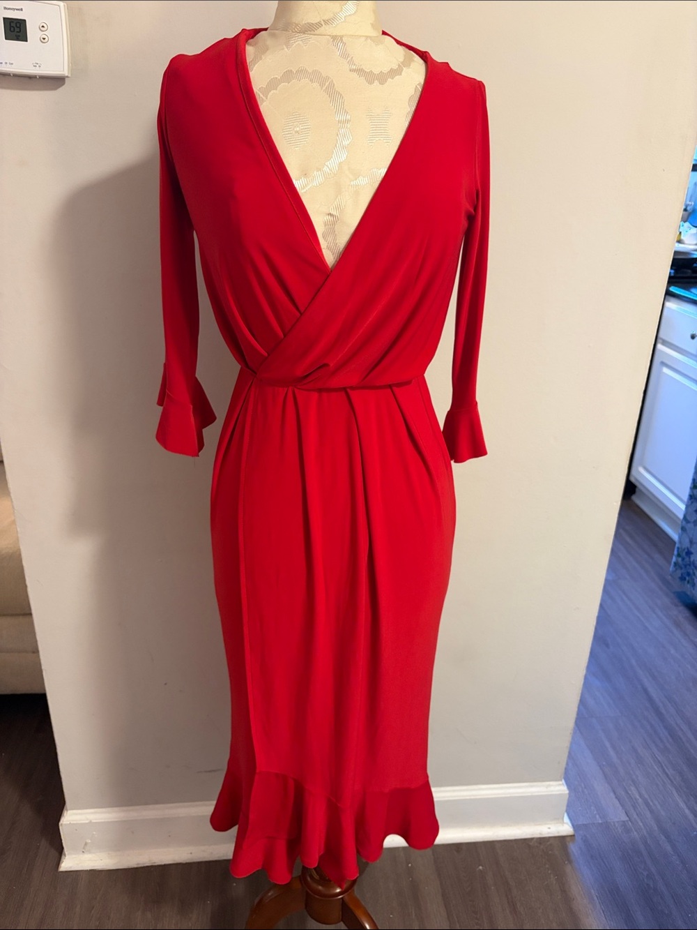 ASOS Red Wrap Midi Dress with Ruffle Hem